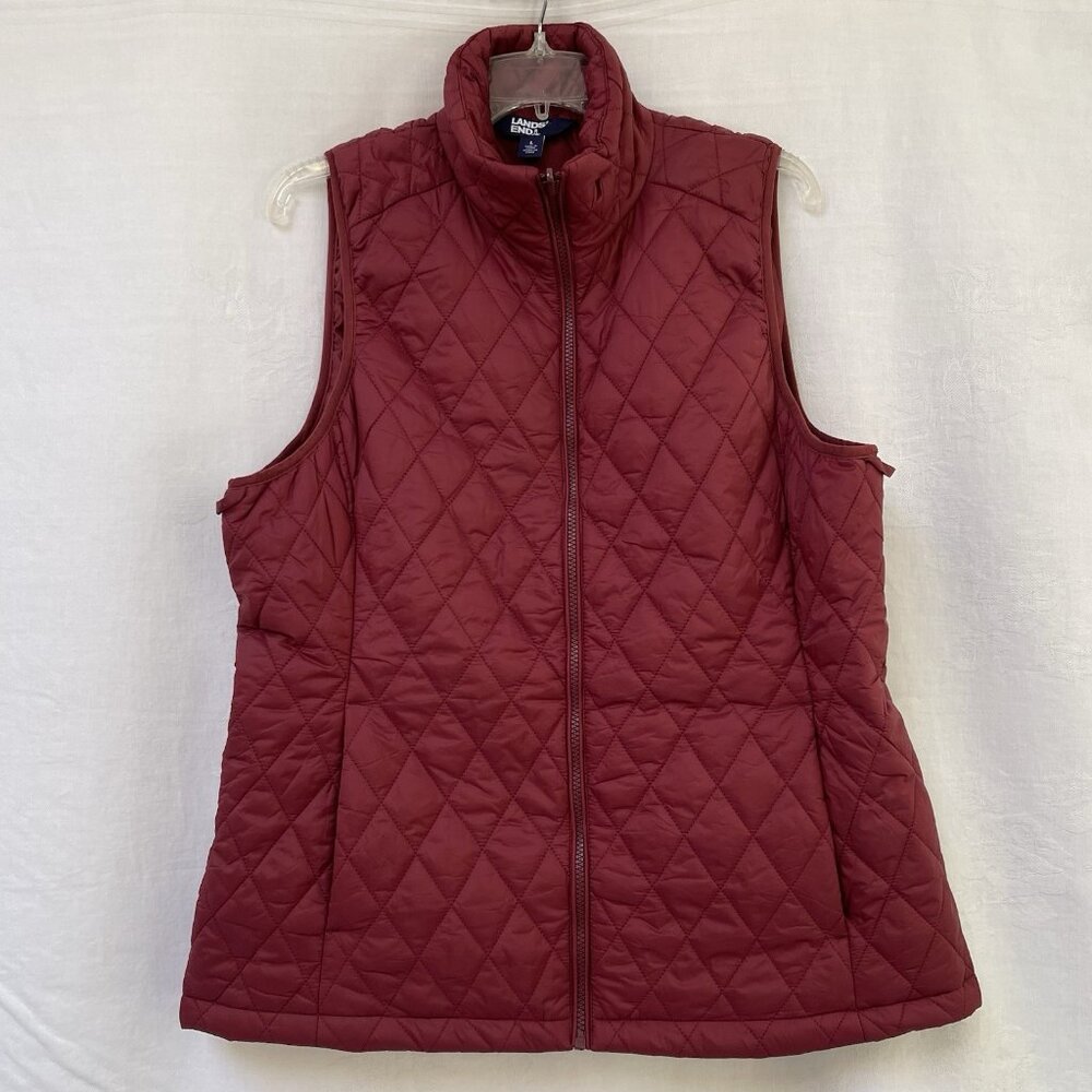 Lands End Women Large Down Full Zip Quilted Puffer Vest Rust Outdoor Hiking Fall